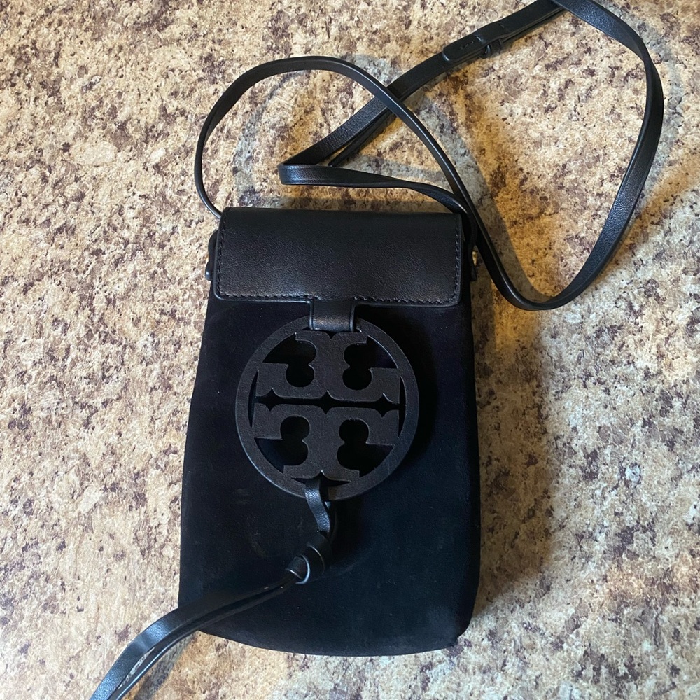 Tory Burch black cross body phone bag.